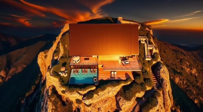 Modern luxury house with infinity pool built on high mountain top surrounded by dramatic sunset panoramic landscape atmosphere. Architecture concept