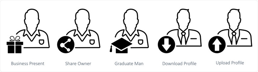A set of 5 business icons as business present, share owner, graduate man