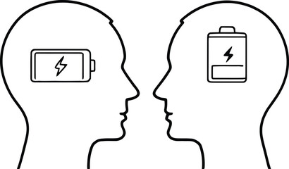 Minimalist Black and White Vector Illustration of Two Human Profiles Facing Each Other with Battery Symbols Representing Energy Contrast and Mental State
