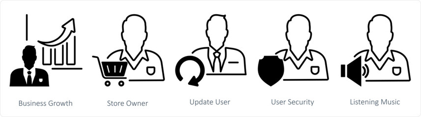 A set of 5 business icons as business growth, store owner, update user