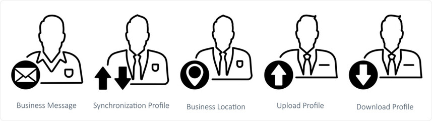 A set of 5 business icons as business message, synchronization profile, business location