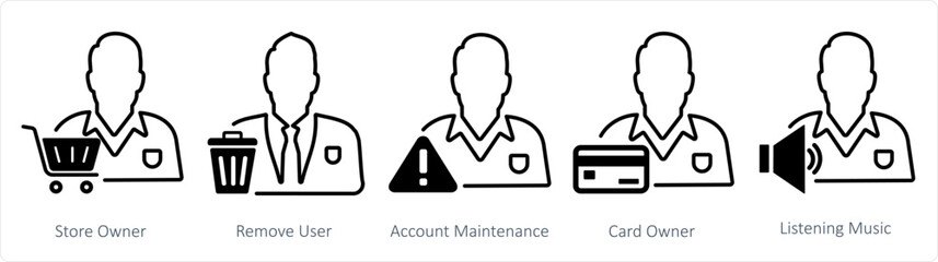 A set of 5 business icons as store owner, remove user, account maintenance