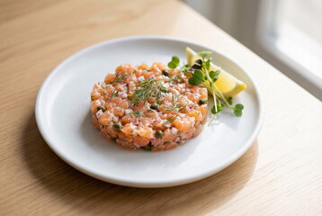 Trout tartar, salmon tartare with capers, sprouted herbs and lemon juice on a white dish. Salmon, red fish tartar