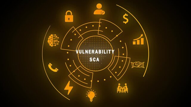 Orange Digital HUD Interface with Vulnerability Scan Text and Cyber Security Icons cybersecurity digital interface