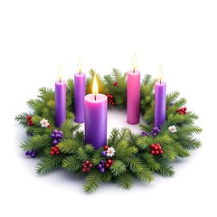 Advent wreath with five candles in evergreen branches decorated with berries and flowers one candle lit