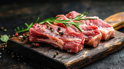 Three raw lamb chops on a wooden cutting board with rosemary and peppercorns.