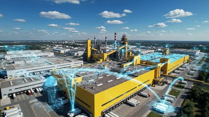 Aerial view of a large yellow factory and logistics center with digital data flow and human figure overlay - Powered by Adobe
