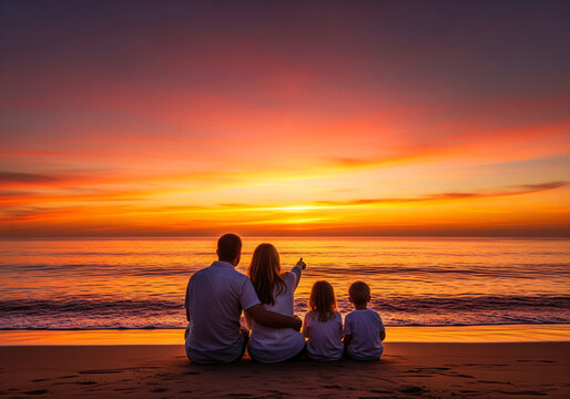 a family with parents and a kid are sitting on the beach looking at the sunset