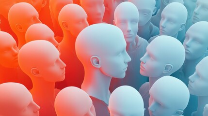 A group of identical, blue, human-like mannequins standing in a row, with a red and blue gradient background.