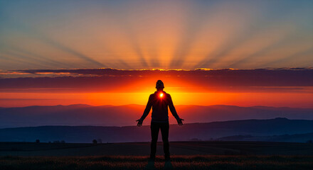 A contemplative man stands alone, contemplating the future with a gleam of discovery and hope. Perfect for inspirational and aspirational themes.