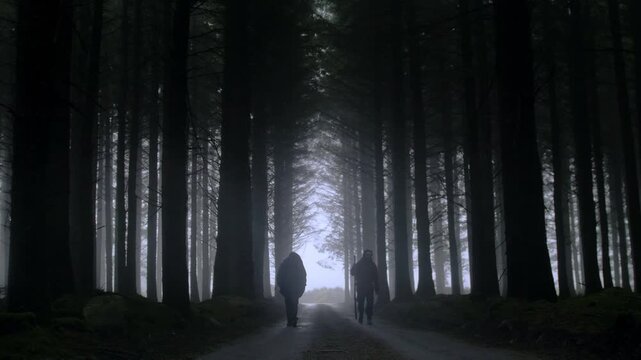 A dramatic view of two figures walking away from the camera down a path in a dense, dark forest. The trees form a vertical tunnel, with bright mist or fog creating a high-contrast, atmospheric scene.