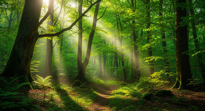 Dramatic sun rays filtering through dense green forest trees in a magical woodland scene.