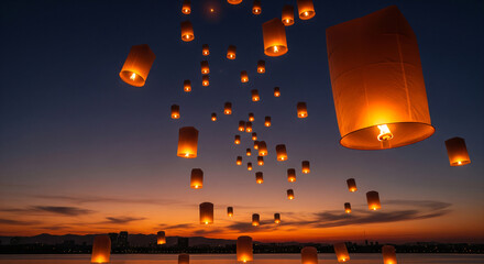 Thousands of vibrant orange sky lanterns illuminate the starry night