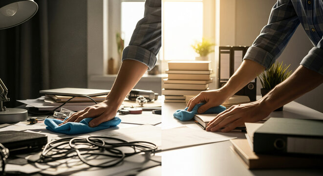 Office Clean-up After a Party. A person wearing gloves is clearing up confetti and streamers from an office desk after an event.