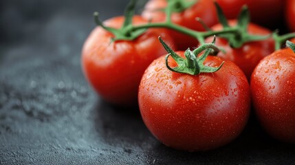 Fresh red tomatoes on a dark background. The tomato concept of healthy they are vibrant and juicy.
