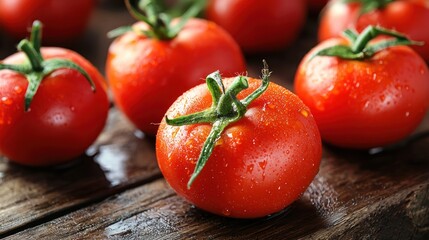 Fresh red tomatoes on a wooden table with water droplets.