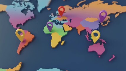 A vibrant 3D world map with colorful continents and multiple location pins indicating global presence or travel destinations.