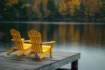 Fototapeta premium A serene lakeside scene with two yellow Adirondack chairs on a wooden dock overlooking a calm lake surrounded by a forest of trees with autumn foliage.