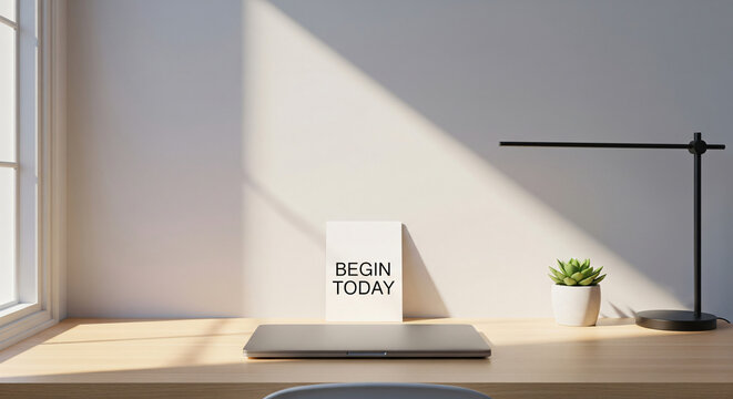 Morning workspace with steaming coffee, notebook, and laptop in warm sunlight - Powered by Adobe