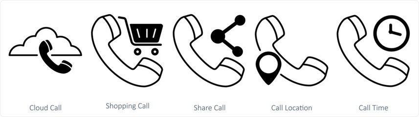 A set of 5 contact icons as cloud call, shopping call, share call