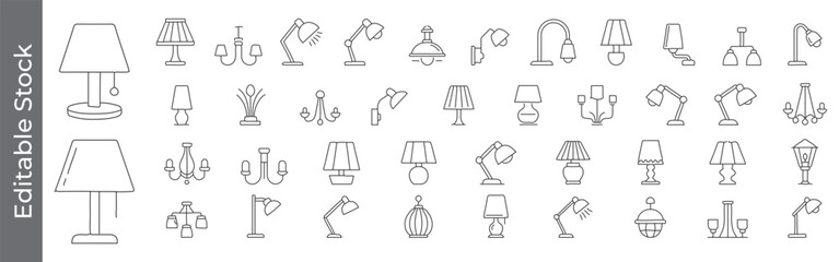 Lamp and lighting line icon set &ndash; editable outline symbols of table lamp, chandelier, desk light, sconce and floor lamp