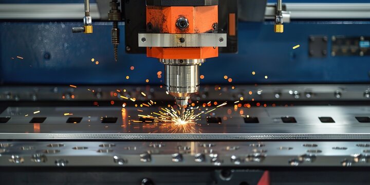 Precision laser cutting machine sparks metal sheet, showcasing modern manufacturing process