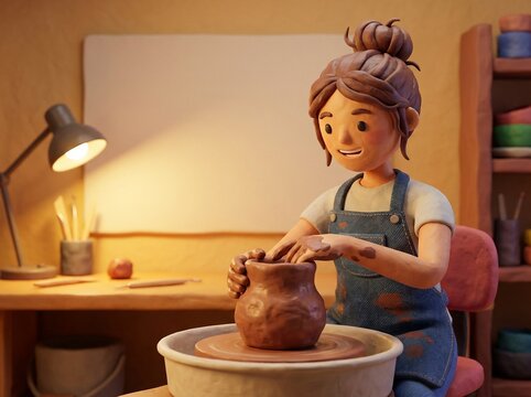 animated girl skillfully crafting a clay pot on a pottery wheel in a warm studio