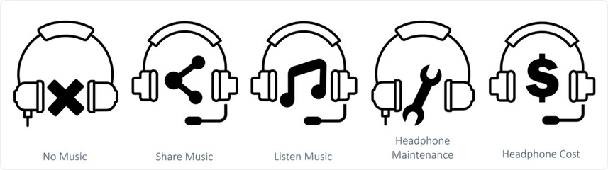 A set of 5 contact icons as no music, share music, listen music