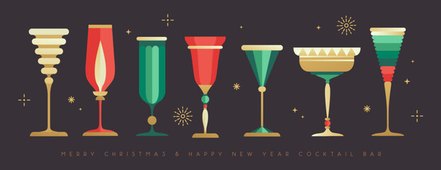 Set of holiday Christmas and New Year cocktails and champagne glasses. Vector illustration