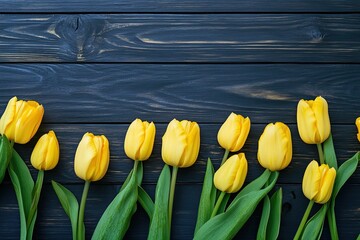 A vibrant display of yellow tulips arranged in a neat row on a dark wooden table, with a blurred background of green foliage and a hint of blue sky.