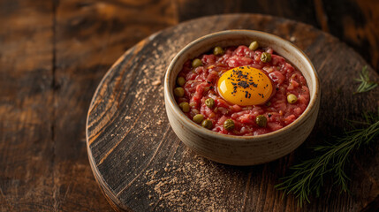 Steak tartare served with raw egg yolk and capers on wooden board.