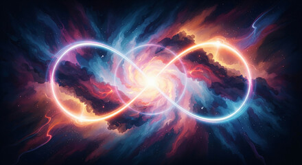Fototapeta premium Nebula Swirling into a Glowing Infinity Loop Symbolizing Eternal Consciousness and Oneness Watercolor Illustration JPG