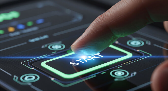A hand is pressing a start button on a device