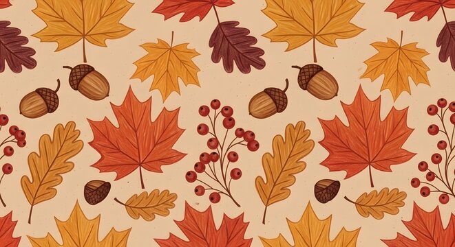Autumn background fall leaves pattern seamless maple leaf acorn berry seasonal october thanksgiving design