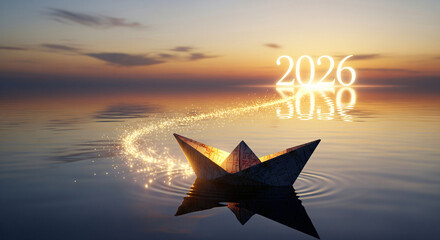 Celebratory New Year 2026 with Paper Boats Floating.