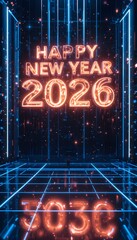 Happy 2026 New Year Fireworks Illustration Bright Colorful Celebration Background with Neon Text, Festive Holiday Greeting Art for Digital Use