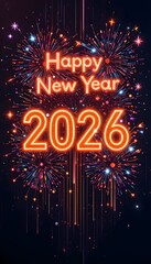 Happy 2026 New Year Fireworks Illustration Bright Colorful Celebration Background with Neon Text, Festive Holiday Greeting Art for Digital Use