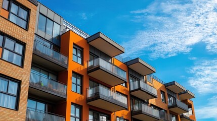 A modern apartment building with orange and black balconies against a blue sky.