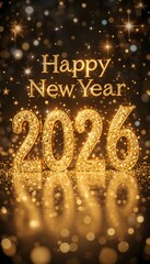 Happy 2026 New Year Fireworks Illustration Bright Colorful Celebration Background with Neon Text, Festive Holiday Greeting Art for Digital Use