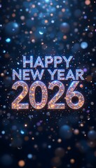 Happy 2026 New Year Fireworks Illustration Bright Colorful Celebration Background with Neon Text, Festive Holiday Greeting Art for Digital Use