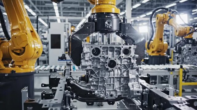 Robotic arms assembling car engine blocks in a modern automotive factory.