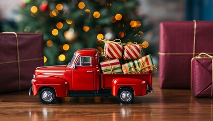 Red toy truck laden with beautifully wrapped Christmas gifts on a wooden table, with festive bokeh lights in the background, concept for holiday marketing, seasonal promotions and joyful celebrations.