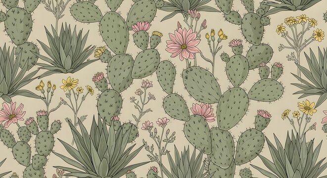 Seamless cactus pattern desert plants floral botanical background summer nature wallpaper design art texture
