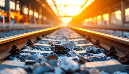 Railway tracks stretch towards bright sunset light, leading perspective into distance