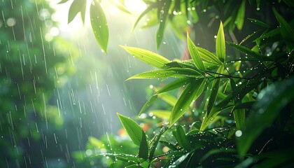 Rain falls on green leaves backlit by bright sunlight, creating a peaceful, glistening natural scene