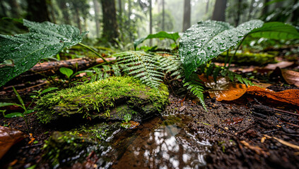 Moss on wet forest ground with green leaves and ferns