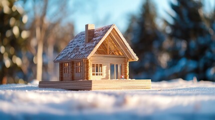 A wooden house model on a snowy landscape with pine trees in the background.