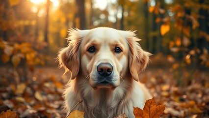 Golden Retriever portrait in autumn leaves with soft sunlight