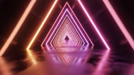 Abstract neon light tunnel with glowing triangular archway receding into the distance over a reflective floor - Powered by Adobe