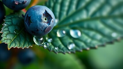 Close-up of vibrant blueberry leaves with morning dew and natural backlighting.